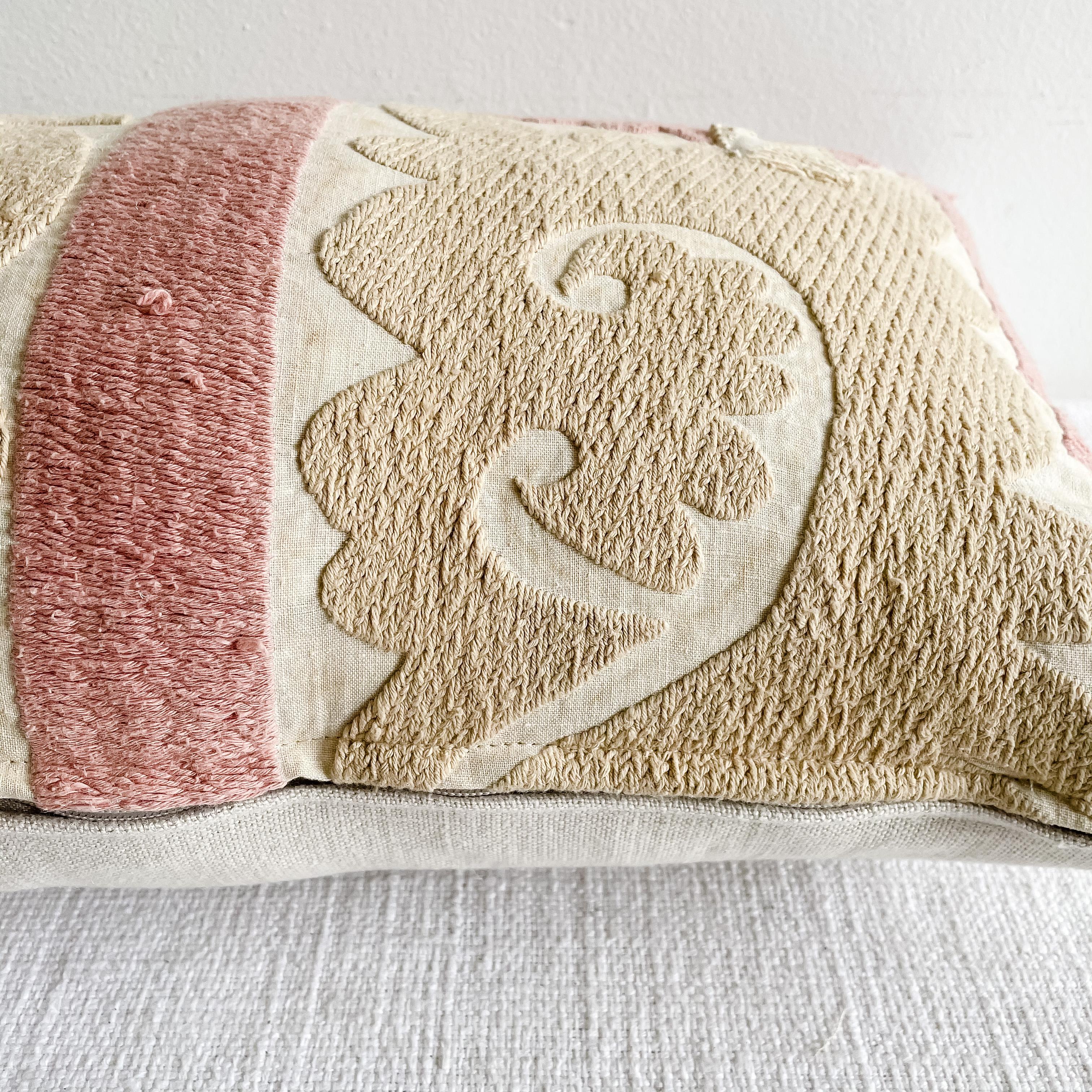 20th Century Vintage Pink and Tan Suzani Embroidered Pillow with Down Feather Insert
