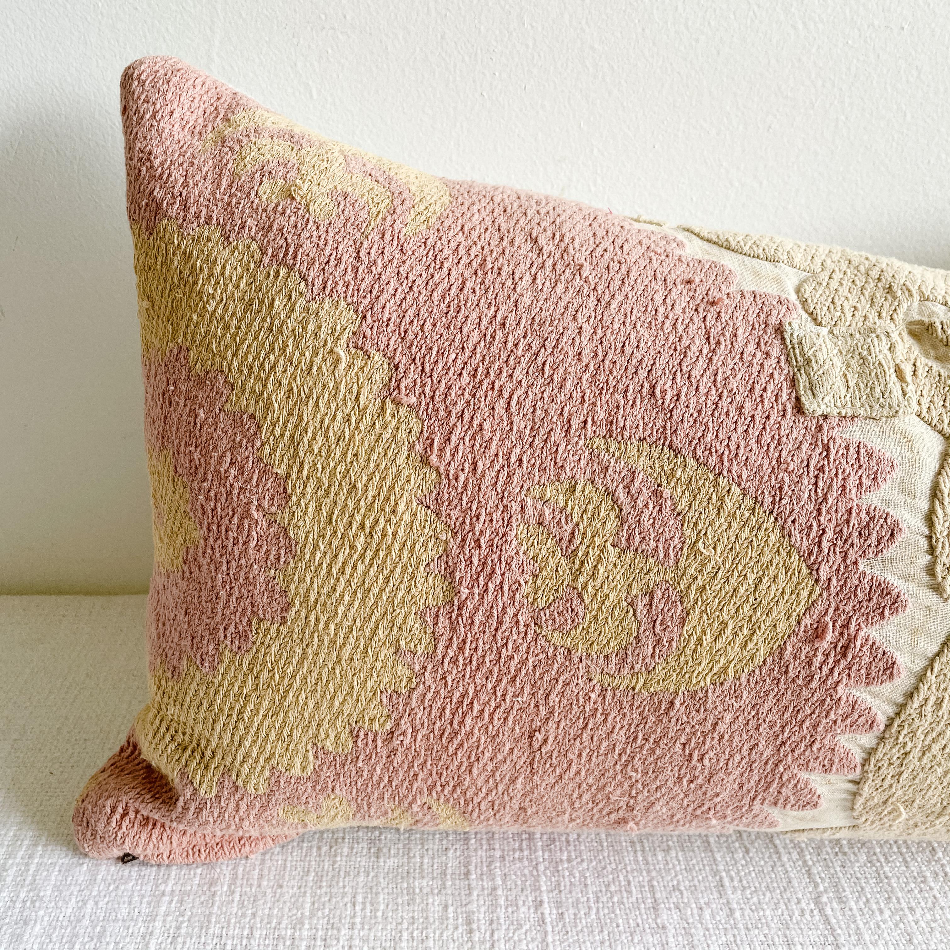 Linen Vintage Pink and Tan Suzani Embroidered Pillow with Down Feather Insert