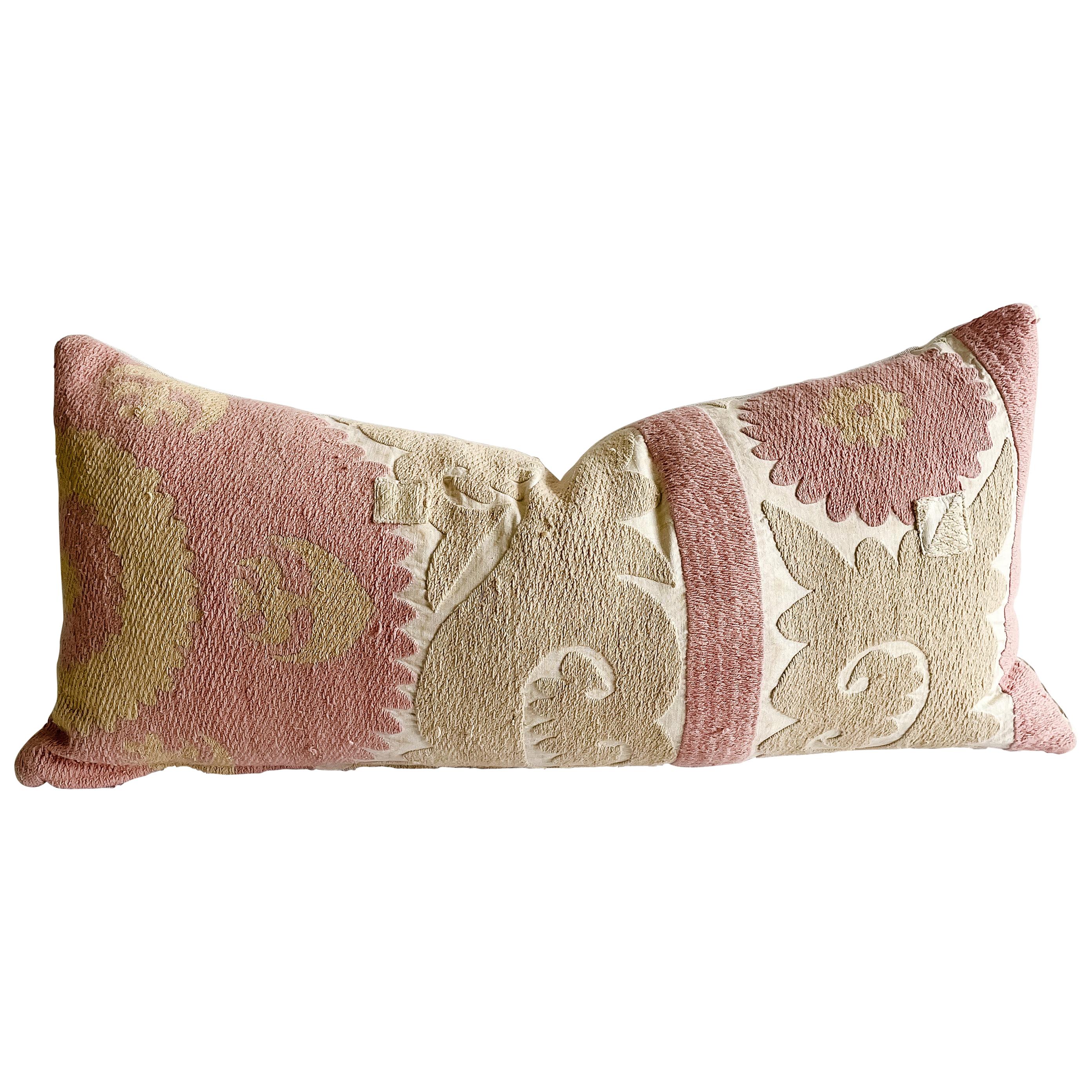 Vintage Pink and Tan Suzani Embroidered Pillow with Down Feather Insert