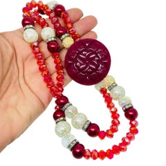 Vintage pink art glass beaded crystal designer necklace