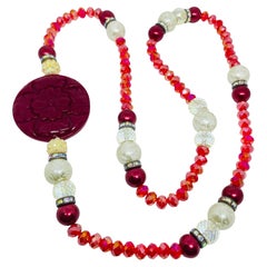 Vintage pink art glass beaded crystal designer necklace