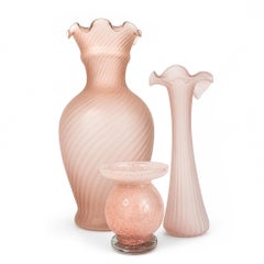 Vintage Pink Art Glass Vase Set with Ruffled Fenton Style Vases