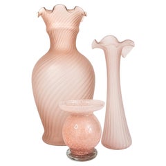 Vintage Pink Art Glass Vase Set with Ruffled Fenton Style Vases