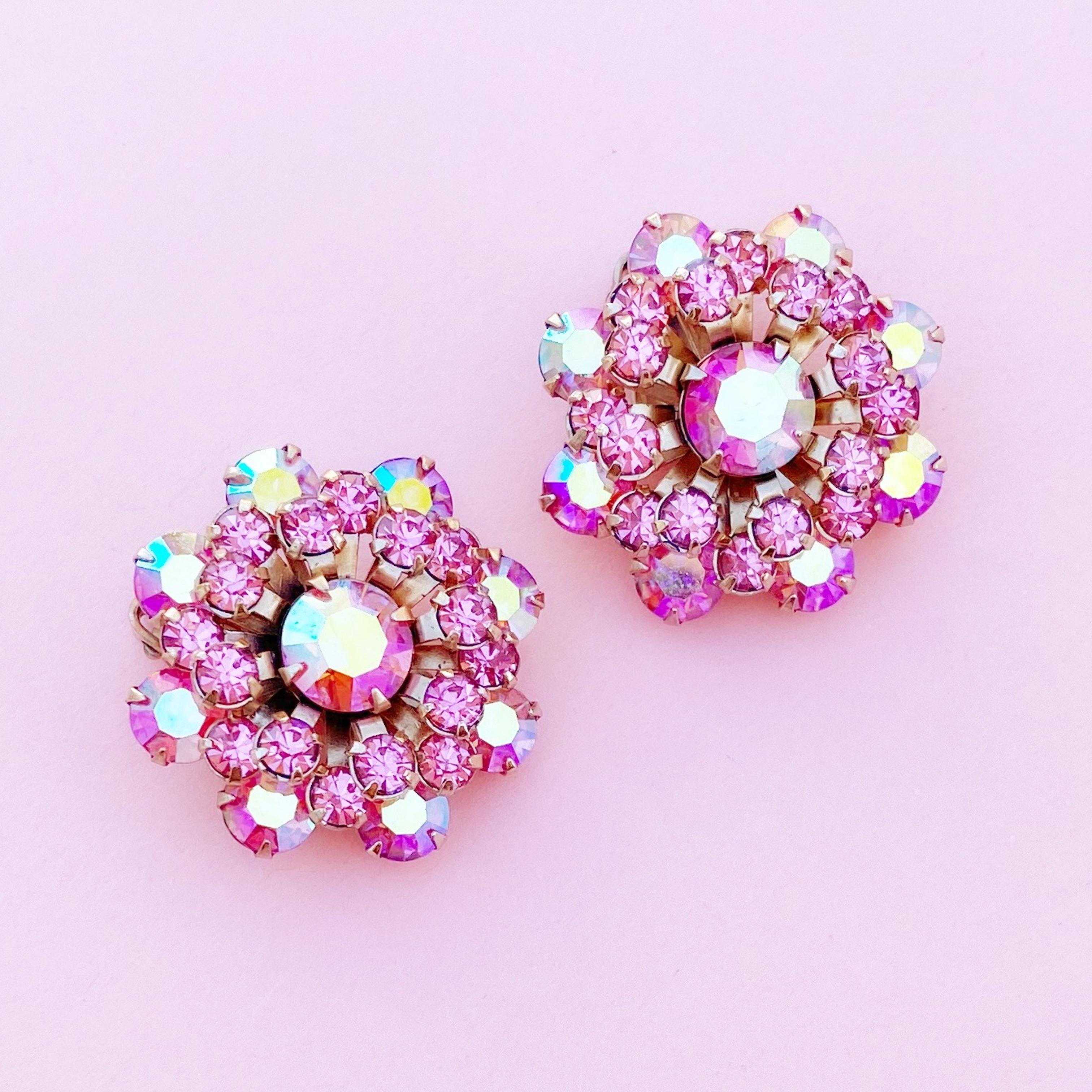 Modern Vintage Pink Aurora Borealis Crystal Flower Earrings by Weiss, 1960s