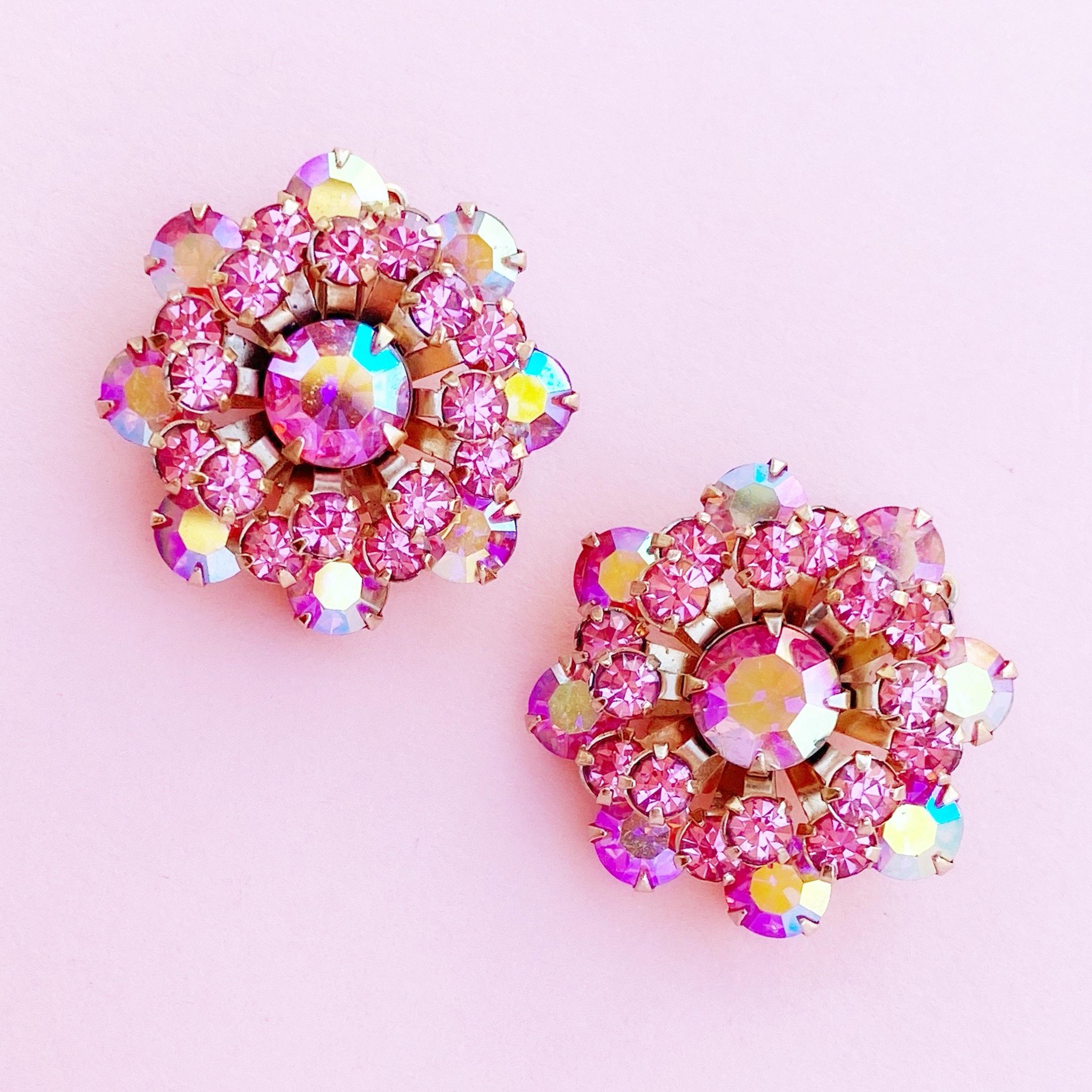 Vintage Pink Aurora Borealis Crystal Flower Earrings by Weiss, 1960s In Excellent Condition In McKinney, TX