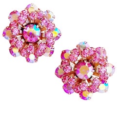 Retro Pink Aurora Borealis Crystal Flower Earrings by Weiss, 1960s