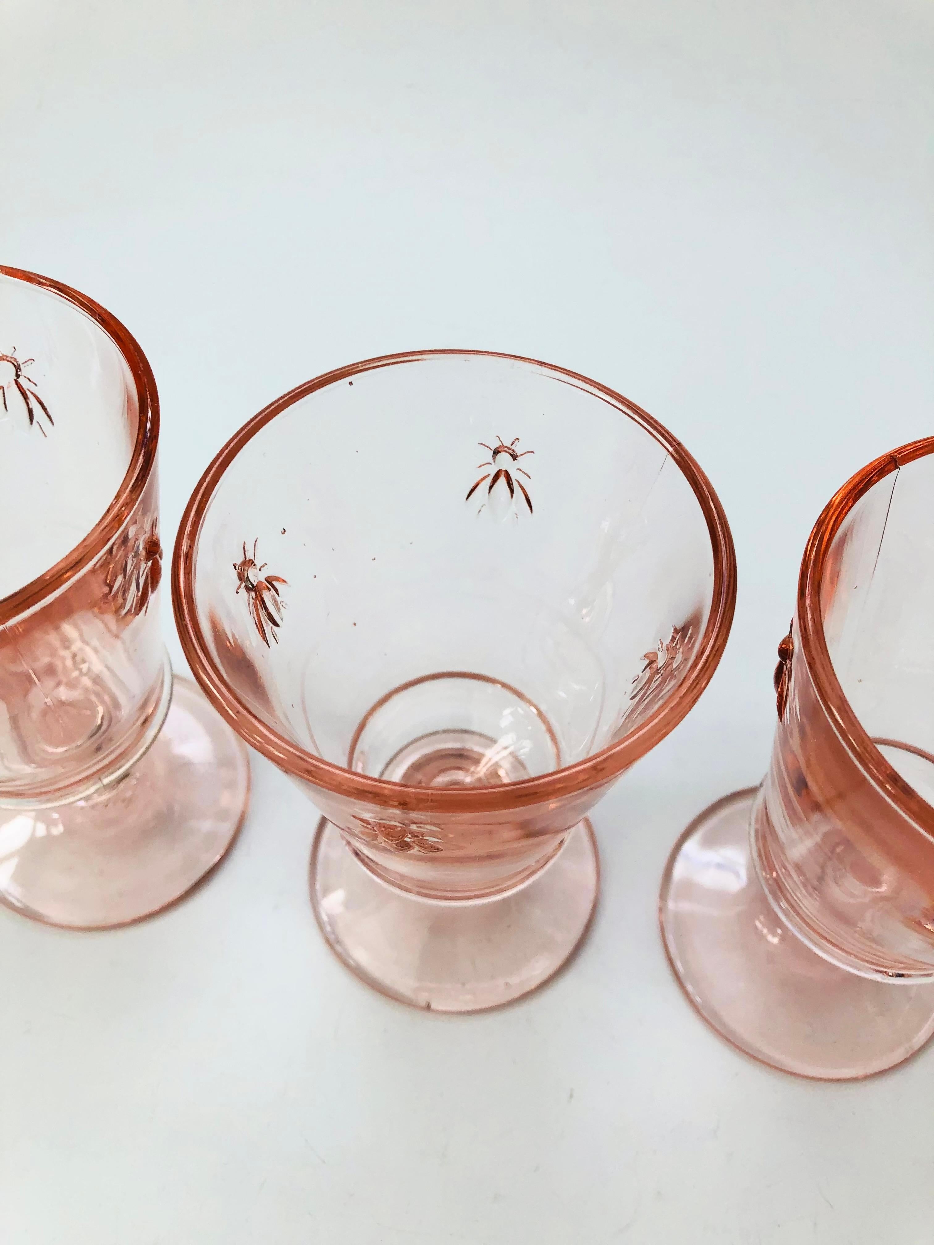 Art Deco Vintage Pink Bee Wine Glasses by La Rochere France, Set of 4