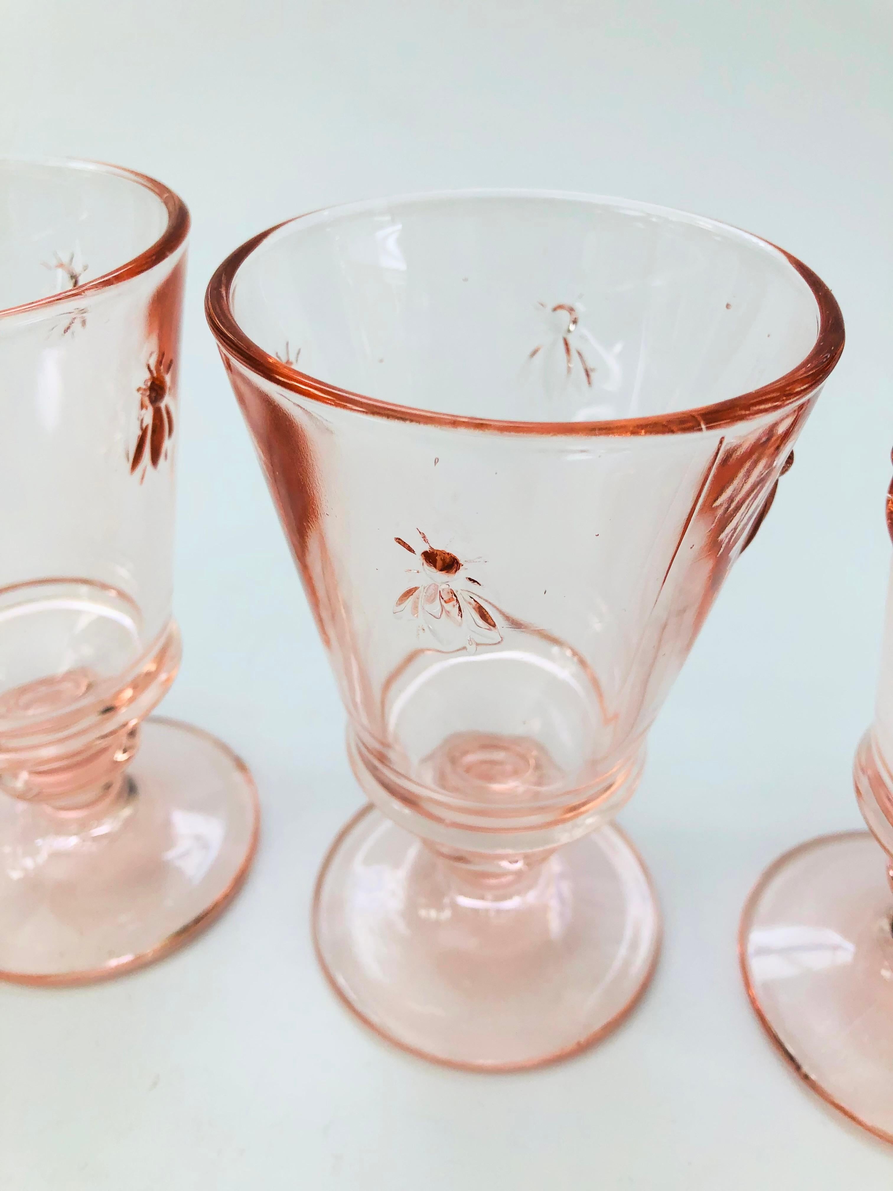 French Vintage Pink Bee Wine Glasses by La Rochere France, Set of 4