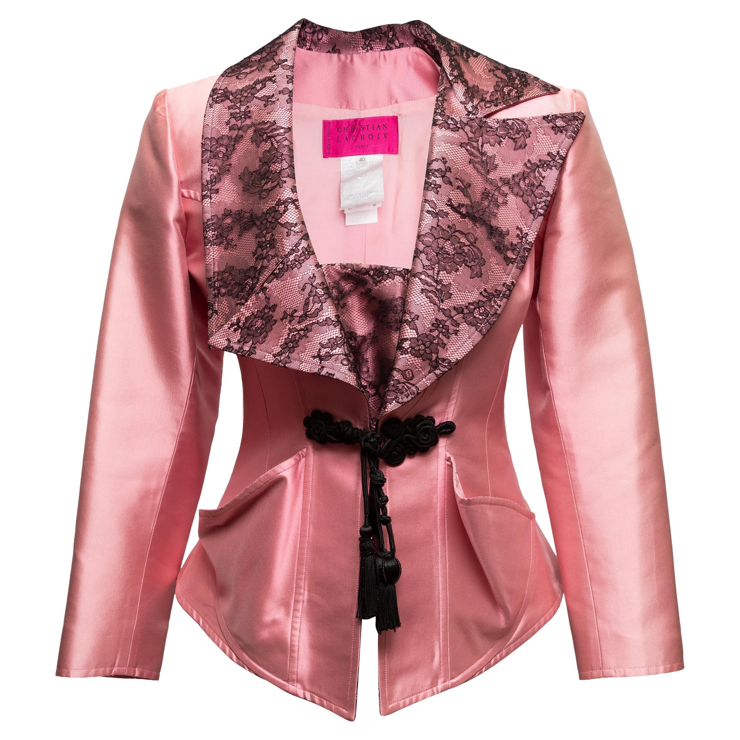 Vintage Pink & Black Christian Lacroix Silk & Lace Top & Blazer Set Size FR 40