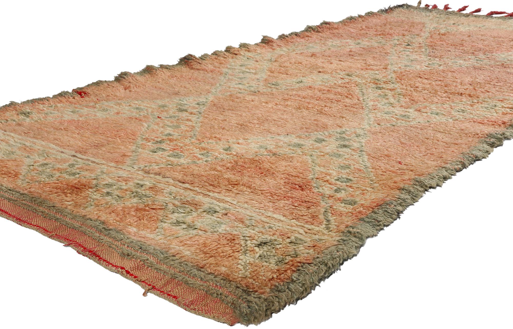 21838 Vintage Pink Boujad Moroccan Rug, 03'09 x 07'11. Hailing from the Boujad region nestled in the Middle Atlas Mountains of Morocco, the Boujad rug stands as a testament to exquisite craftsmanship and cultural heritage. Woven by the skilled hands
