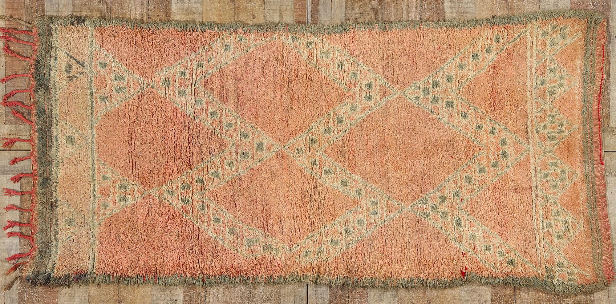 Vintage Pink Boujad Moroccan Rug, Bohemian Chic Meets Tribal Allure For Sale 3