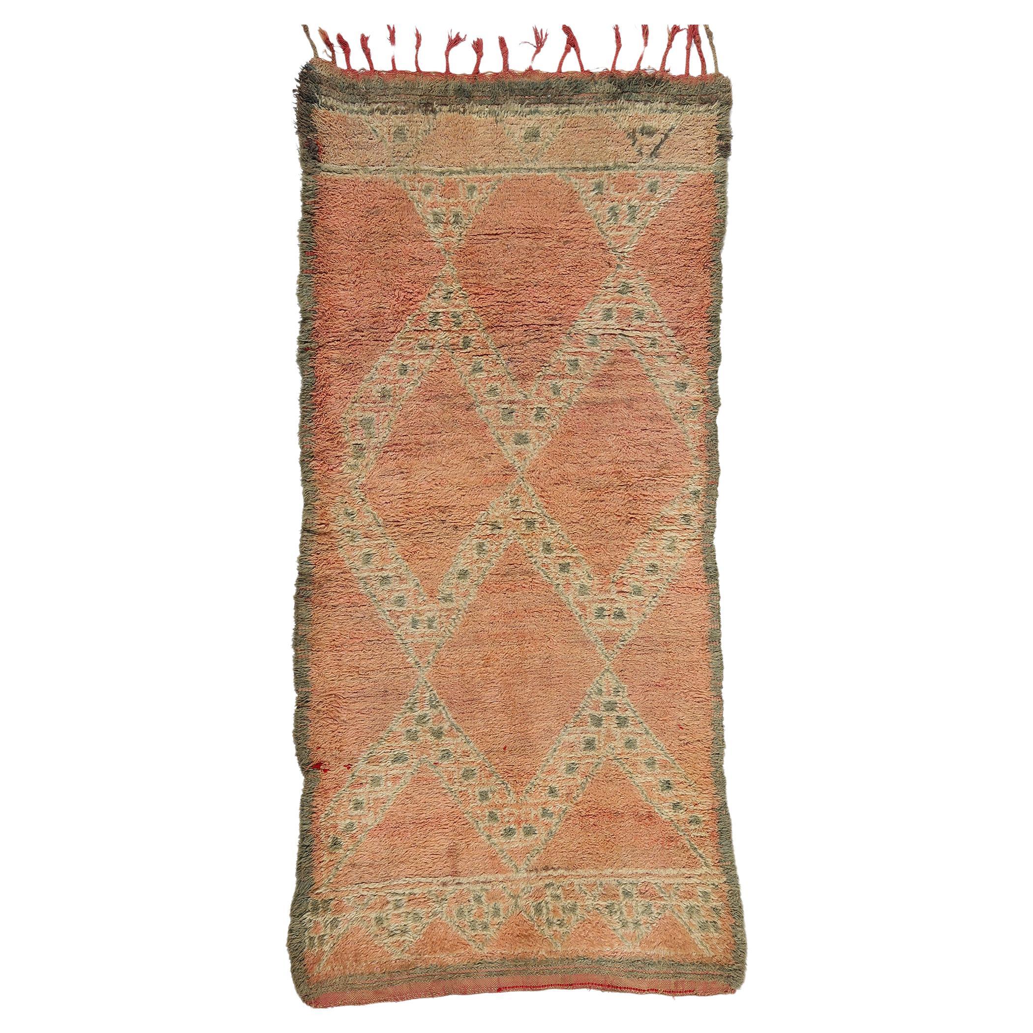 Vintage Pink Boujad Moroccan Rug, Bohemian Chic Meets Tribal Allure For Sale