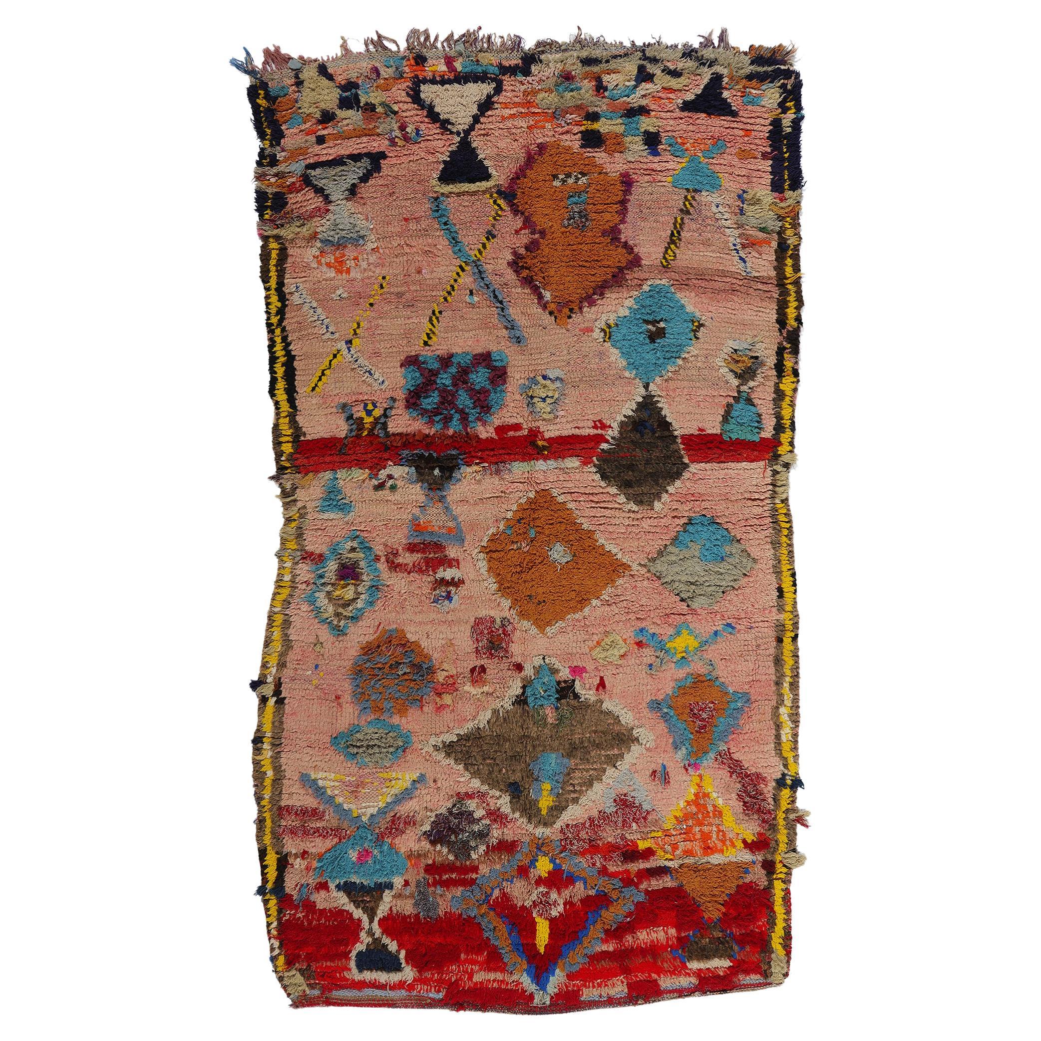 Vintage Pink Boujad Moroccan Rug, Bohemian Chic Meets Tribal Allure For Sale