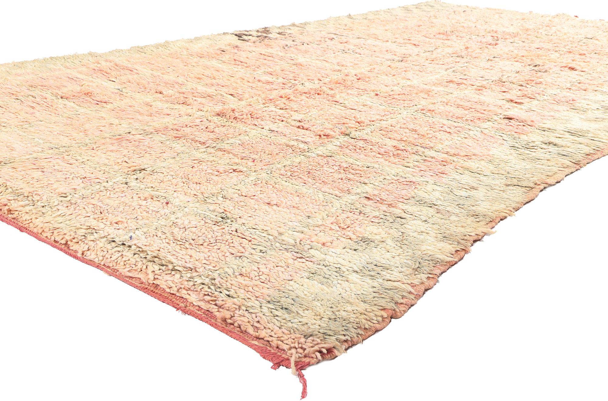 21436 Vintage Pink Boujad Moroccan Rug, 06'00 x 11'00. 

Hailing from the vibrant city of Boujad, celebrated for its eccentric and artistic designs, this vintage Boujad Moroccan rug transcends mere visual appeal. Nestle into the welcoming embrace of
