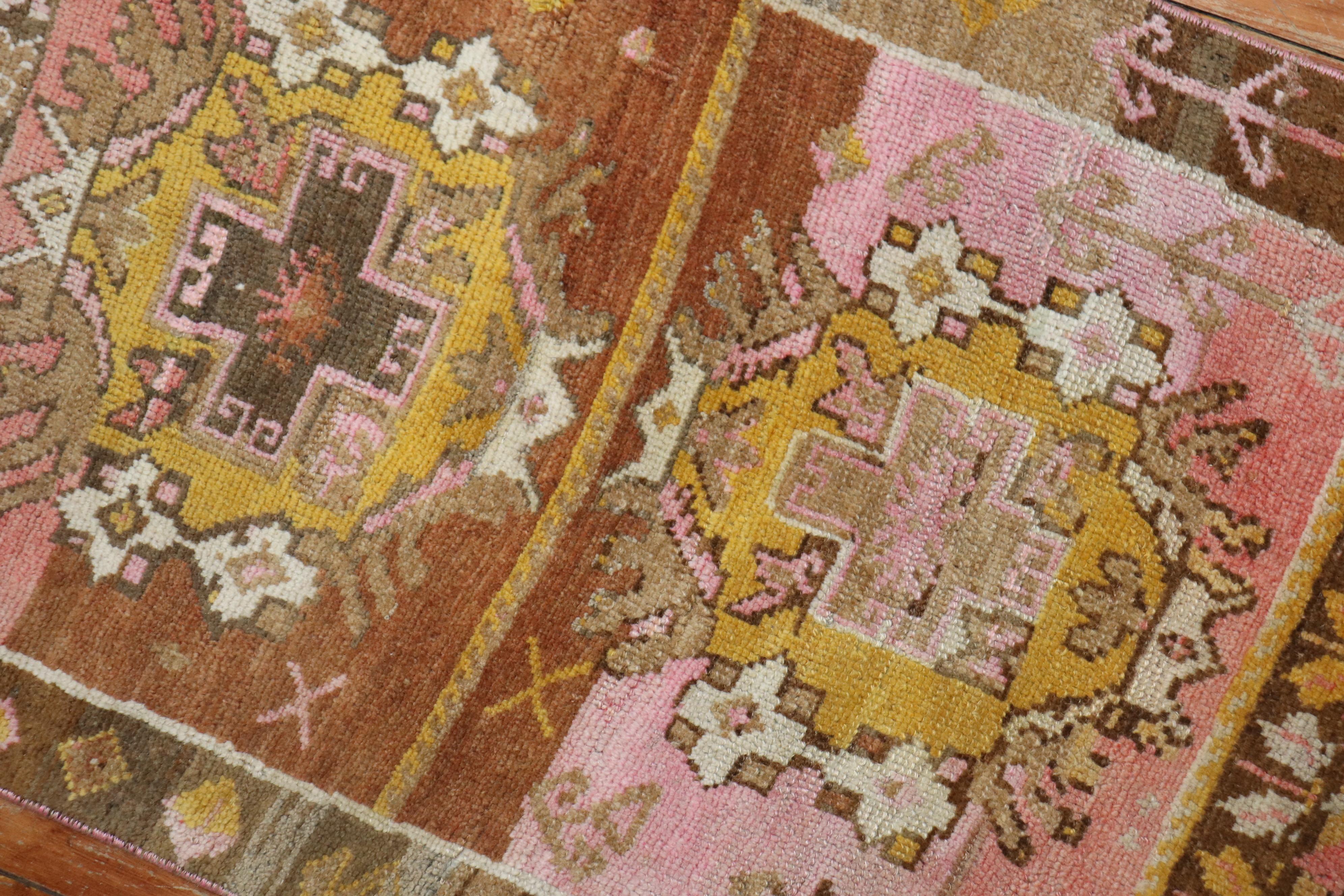 Hand-Knotted Vintage Pink Brown Turkish Scatter Rug Wool Mat Size Rug For Sale