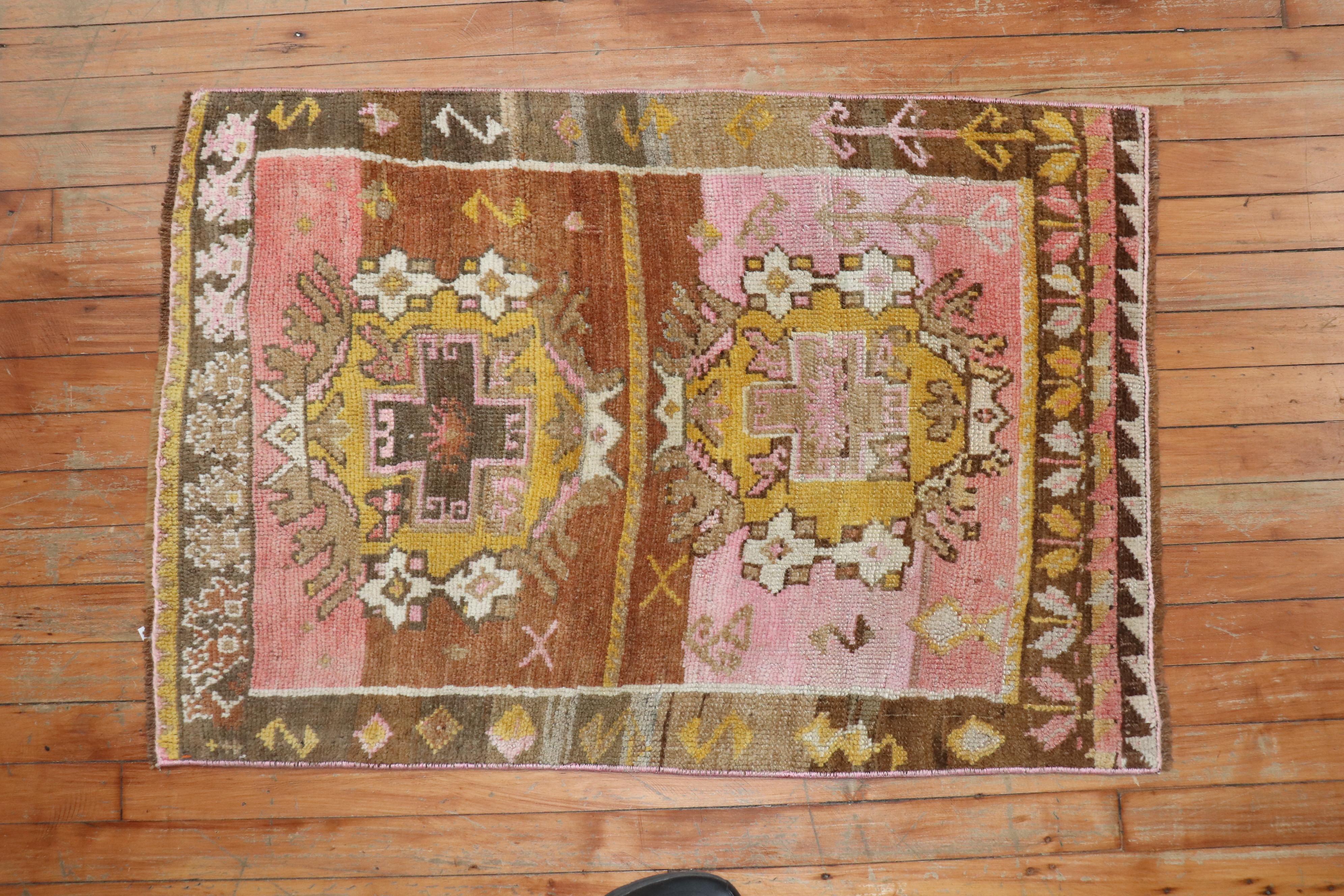 20th Century Vintage Pink Brown Turkish Scatter Rug Wool Mat Size Rug For Sale