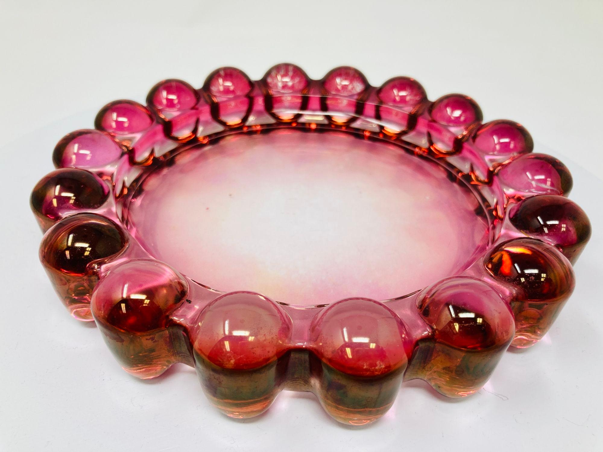 Mid-Century Modern Vintage Pink Bubble Glass Cigar Ashtray by Anchor Hocking Glass Co 1950s