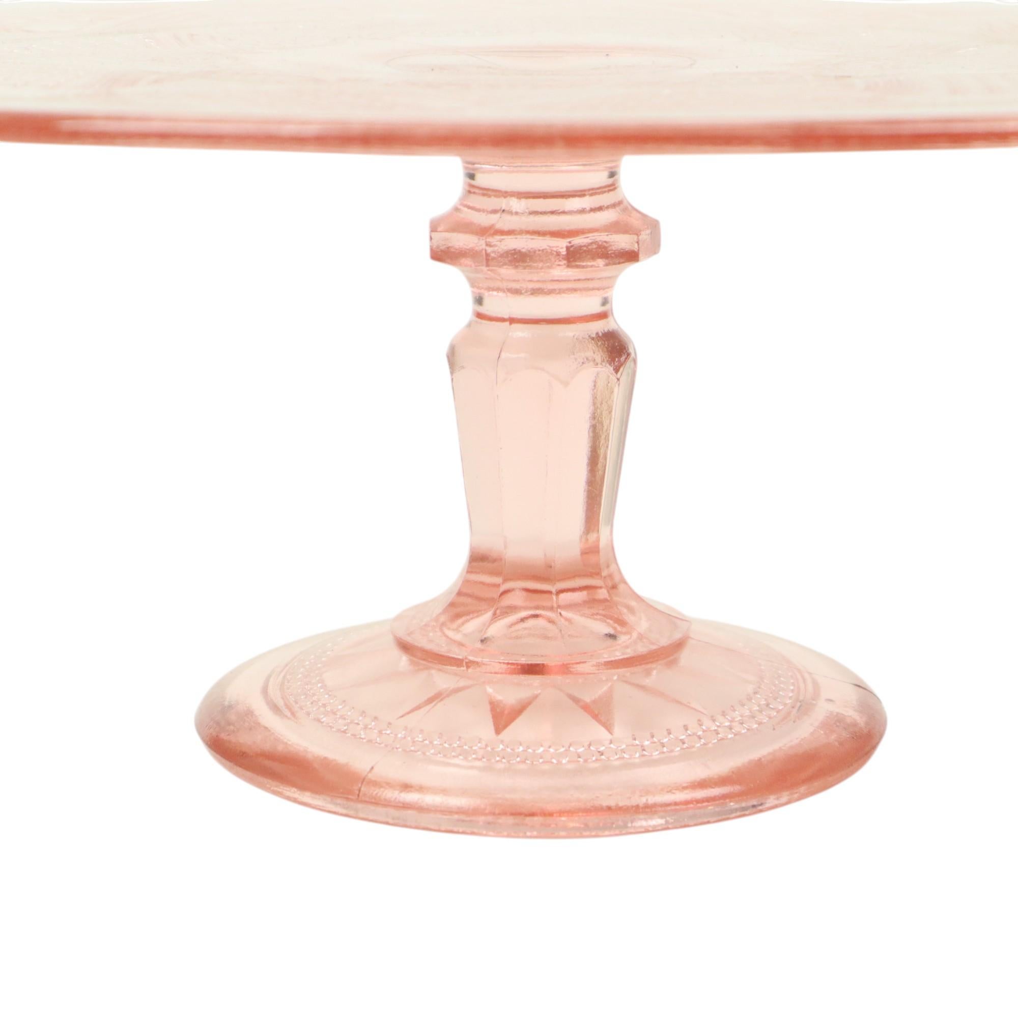 Art Deco Vintage Pink Cake Stand Star Motif Depression Glass 32cm For Sale