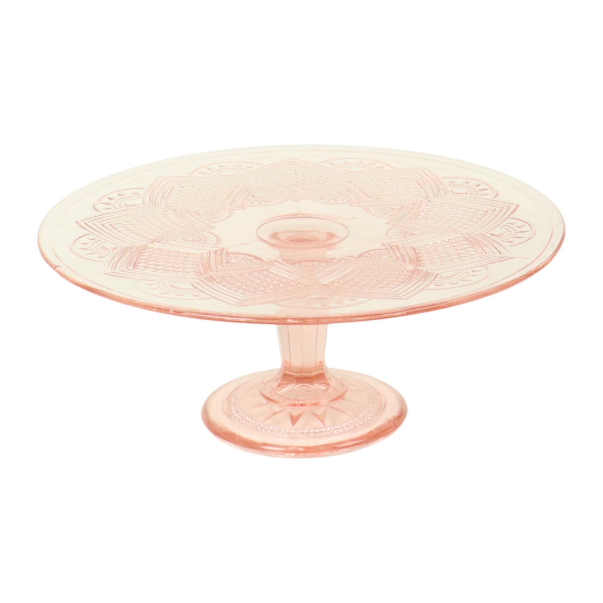 Belgian Vintage Pink Cake Stand Star Motif Depression Glass 32cm For Sale