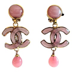 Vintage Pink Chanel Double CC Drop Earrings 