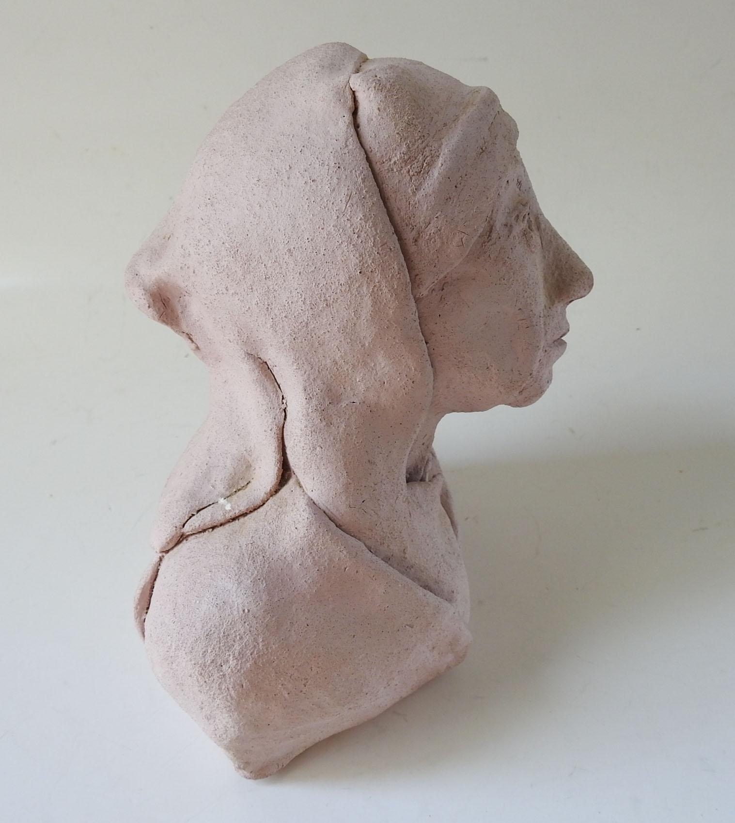 Modern Vintage Pink Clay Bust of Woman in Headdress Sculpture For Sale