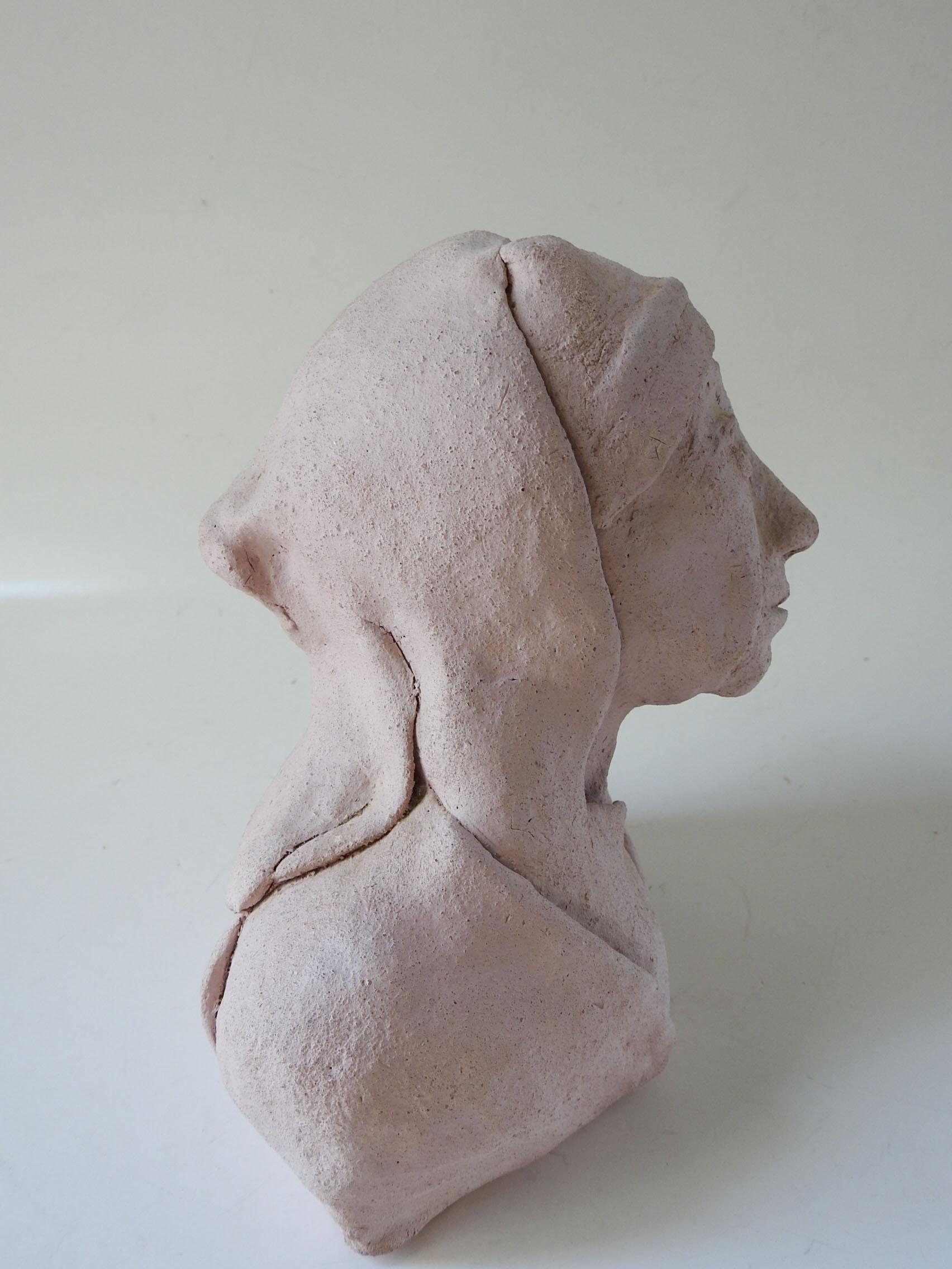 American Vintage Pink Clay Bust of Woman in Headdress Sculpture For Sale