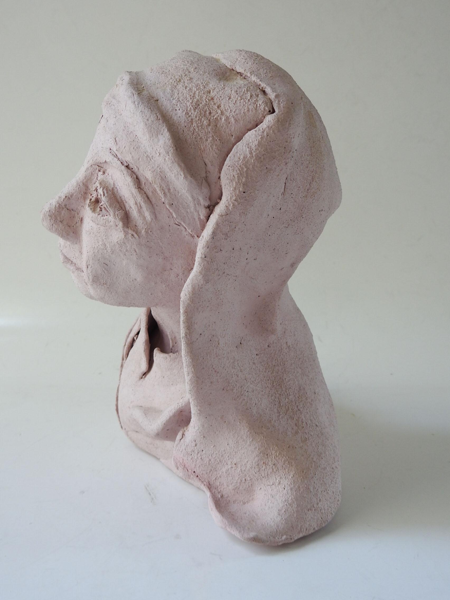 20th Century Vintage Pink Clay Bust of Woman in Headdress Sculpture For Sale