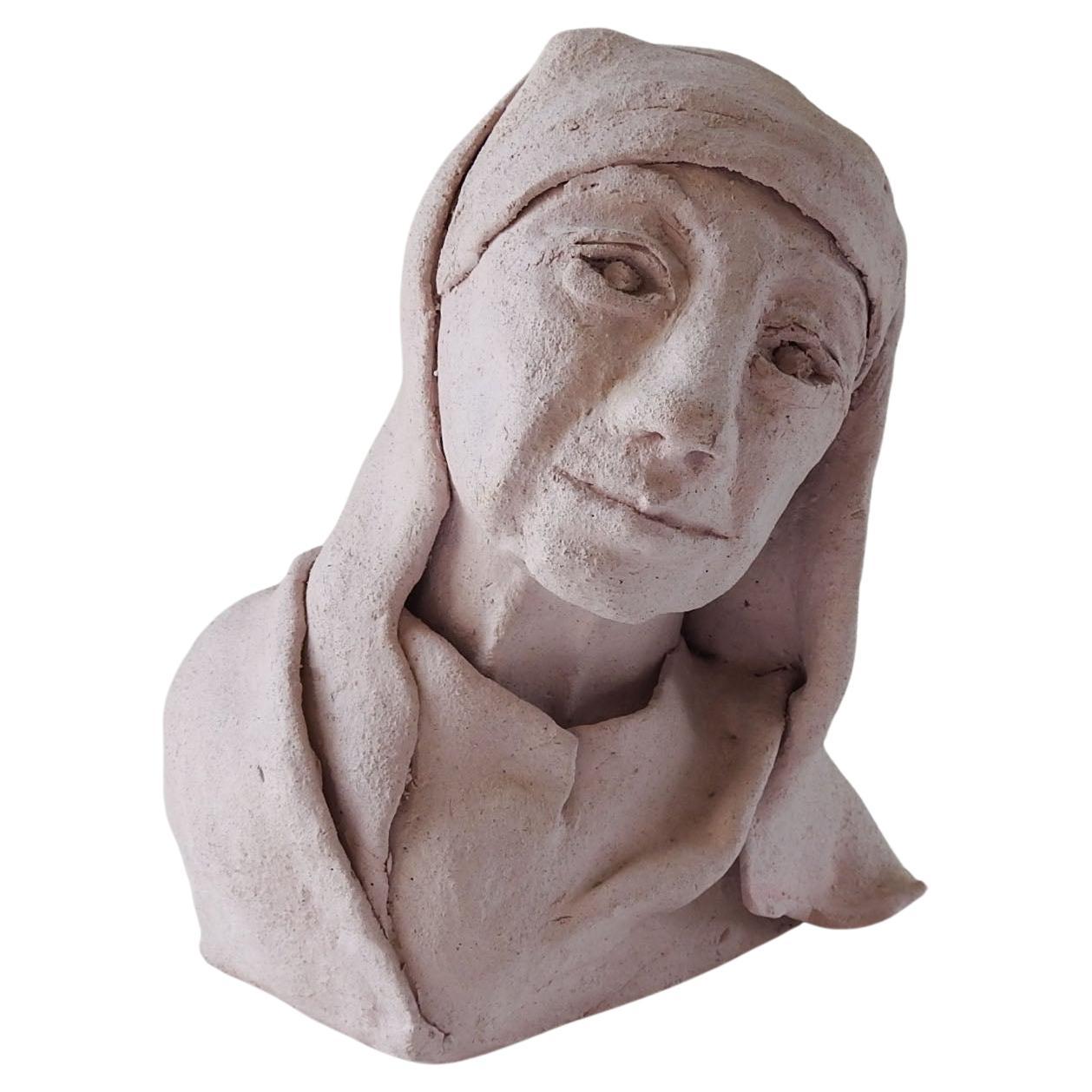 Vintage Pink Clay Bust of Woman in Headdress Sculpture For Sale