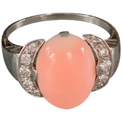 Vintage Pink Coral Cabochon and Brilliant Cut Diamond Platinum Ring - Size 10