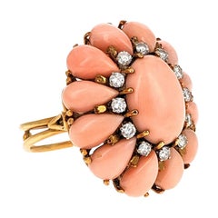 Vintage Pink Coral Diamond and Gold Cluster Cocktail Ring