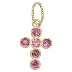 Colgante Vintage Cruz Rosa Oro Amarillo 14k Textura Mate Turmalina Natural