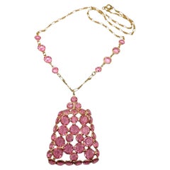 Vintage Pink Cut Glass Necklace with Gold Chain & Geometric Pendant