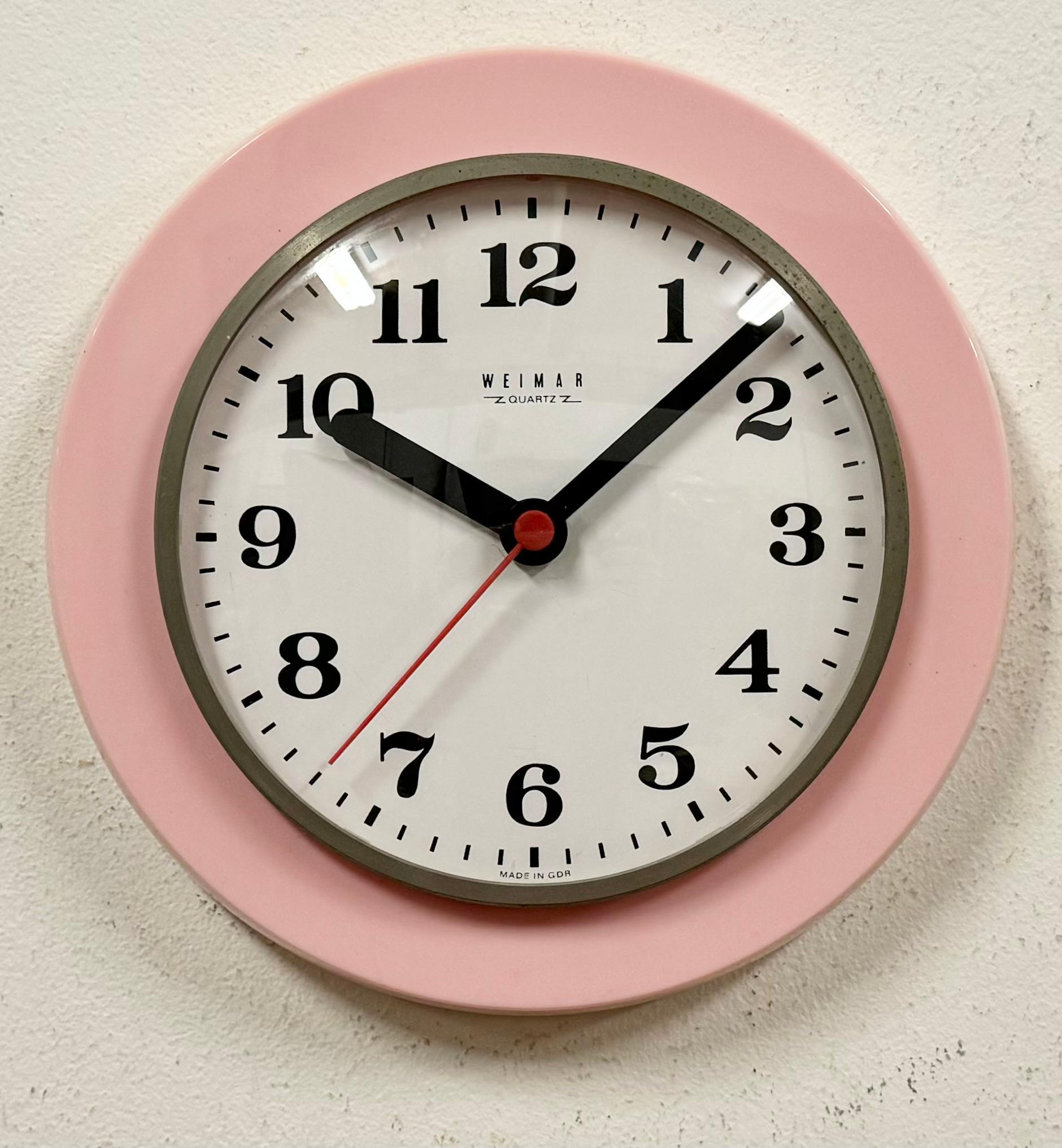 Industrial Vintage Pink East German Bakelite Wall Clock from Weimar, 1980s For Sale