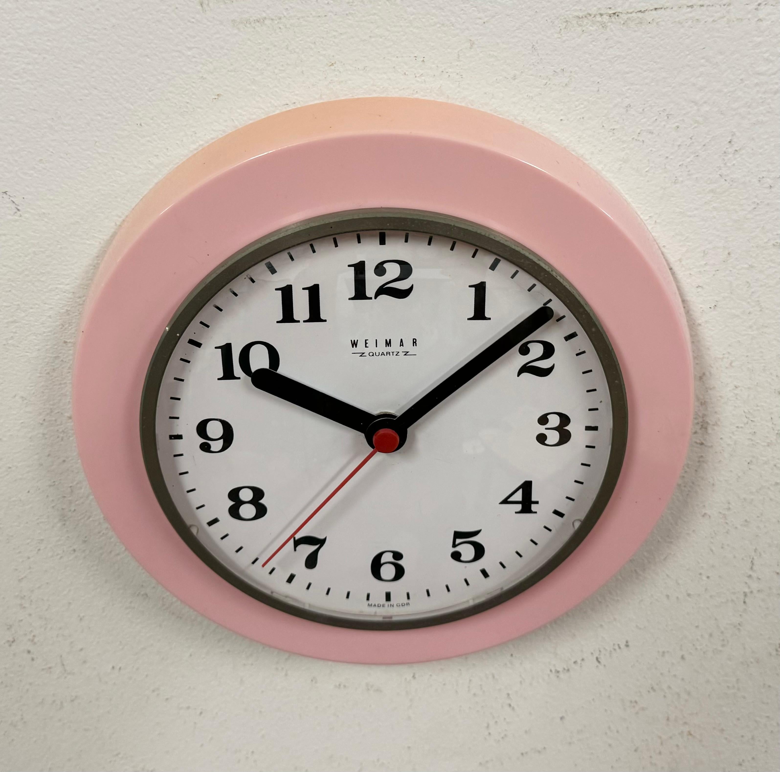 Metal Vintage Pink East German Bakelite Wall Clock from Weimar, 1980s For Sale
