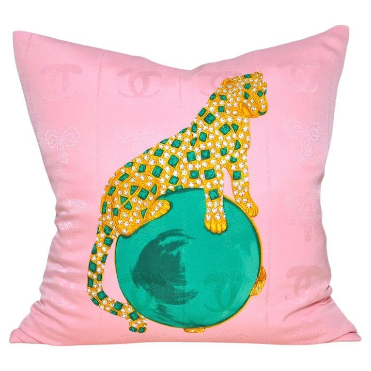 Vintage Pink Emerald Green Cartier Panther Silk Scarf with Irish Linen Pillow For Sale