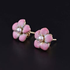 Vintage Pink Enamel and Pearl Flower Earrings of 14k Gold