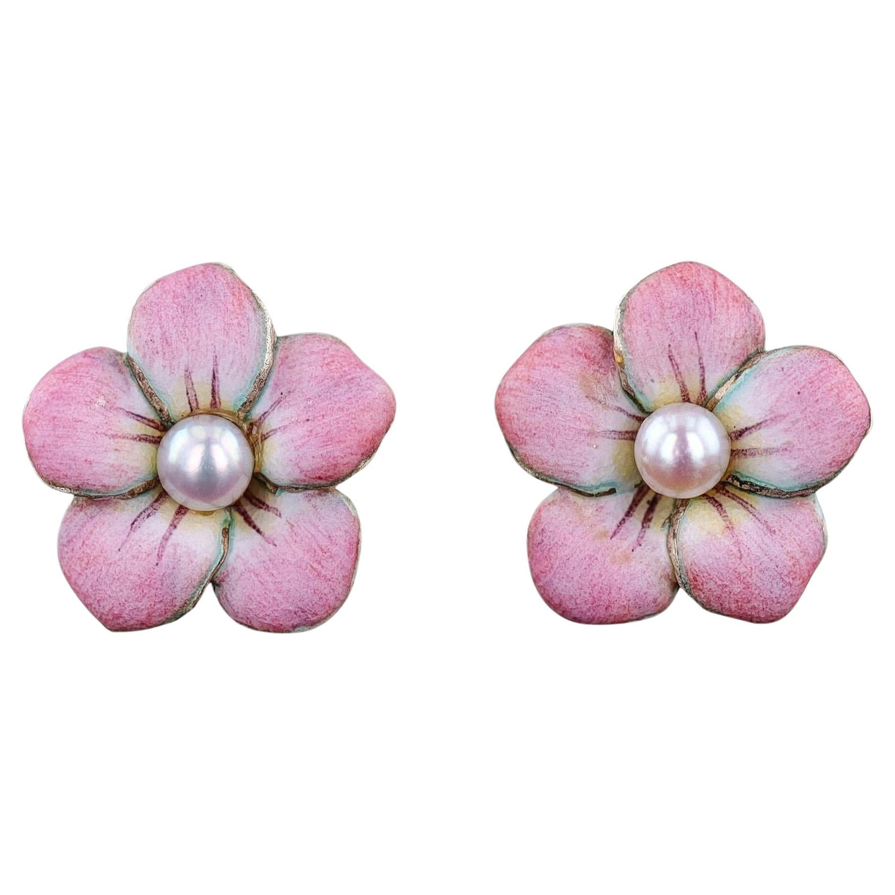 Vintage Pink Enamel and Pearl Flower Earrings of 14k Gold For Sale