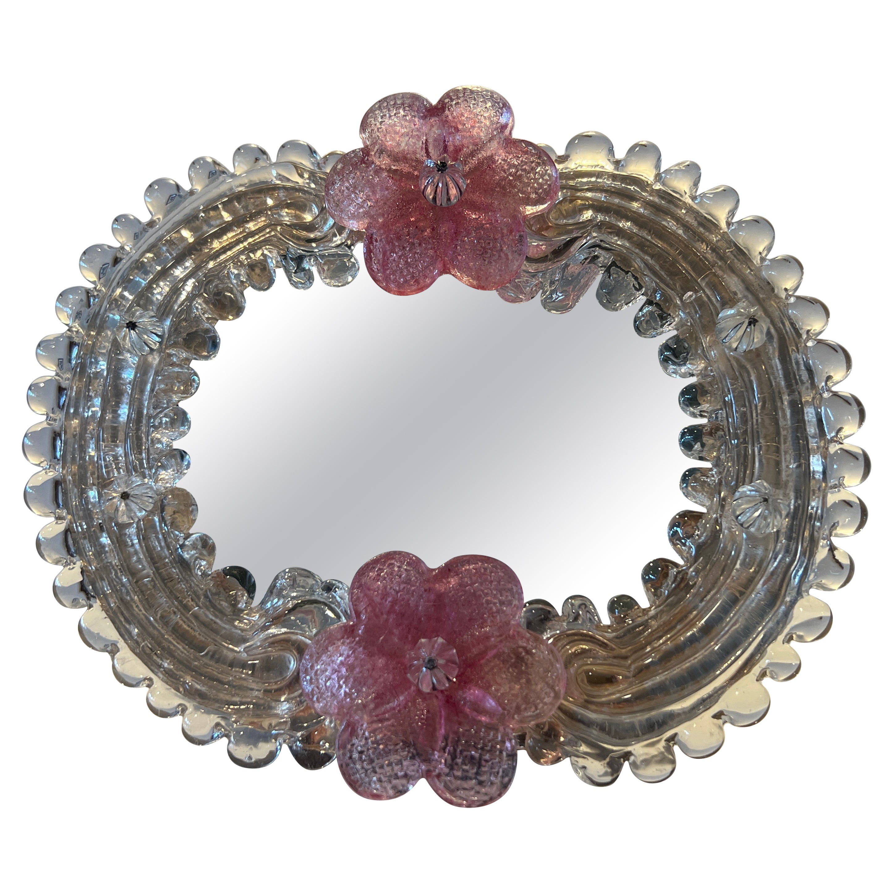 Specchio in vetro veneziano vintage con fiori rosa e foglie d'oro - da parete o da tavolo