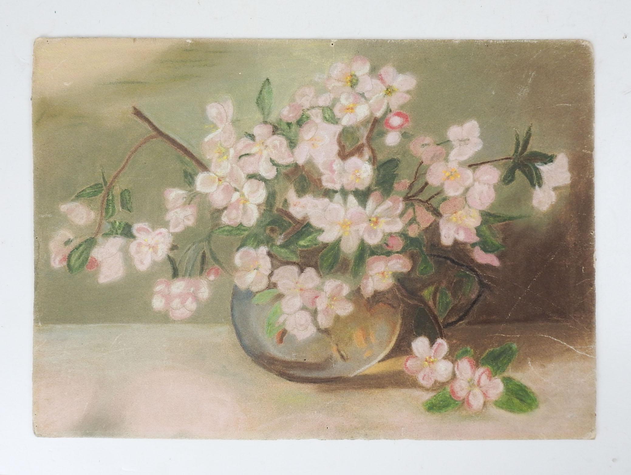 Vintage circa 1930's pastel on textured artist board. Pink flowers in clear vase. Unsigned. Unframed, edge and corner wear, scattered scratched.
