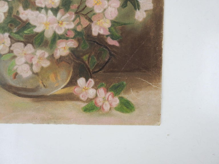 Vintage Pink Flowers Still Life Pastel Painting For Sale at 1stDibs
