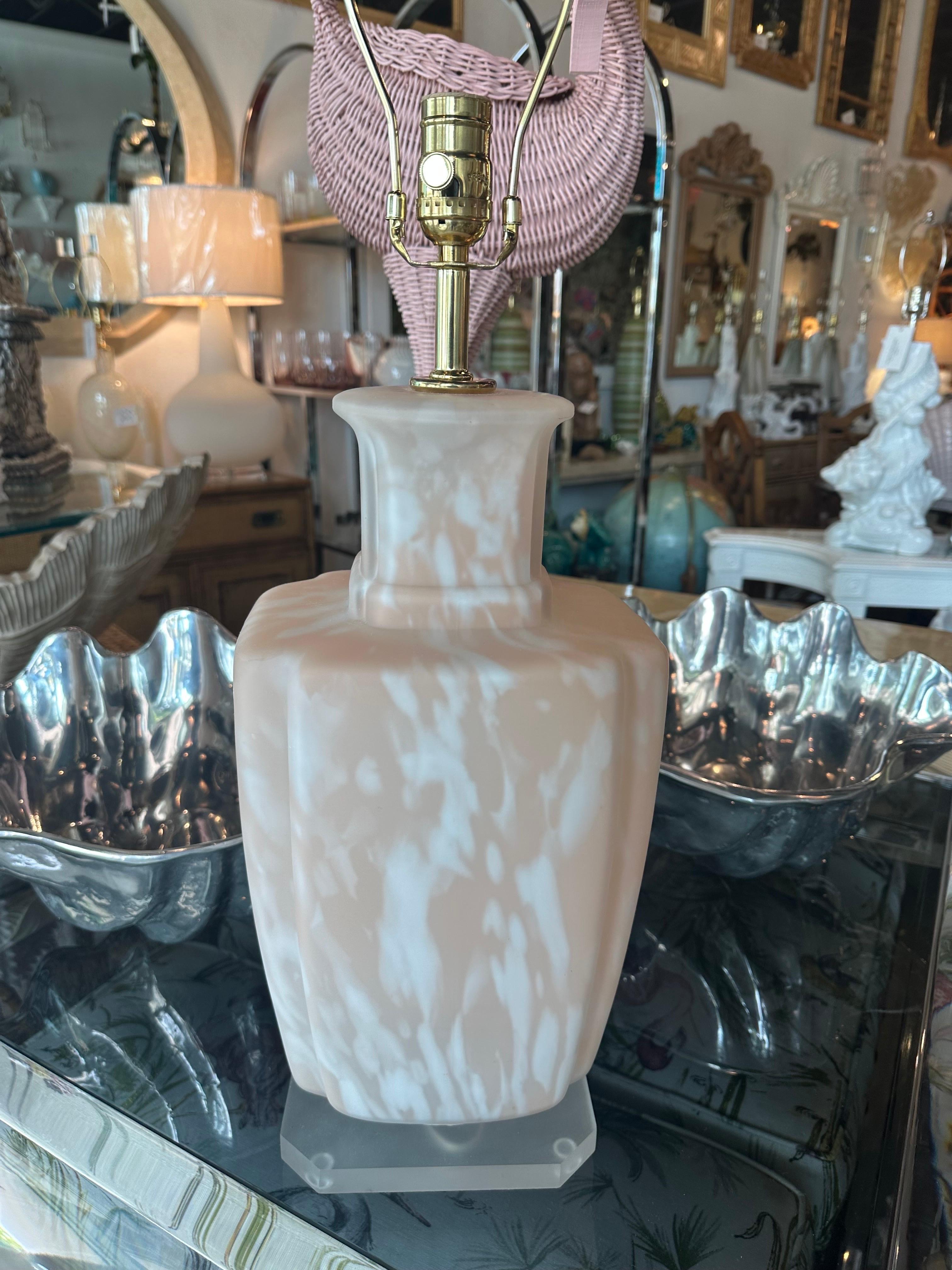 Vintage Pink Frosted Glass Murano Style Table Lamp Newly Wired  3