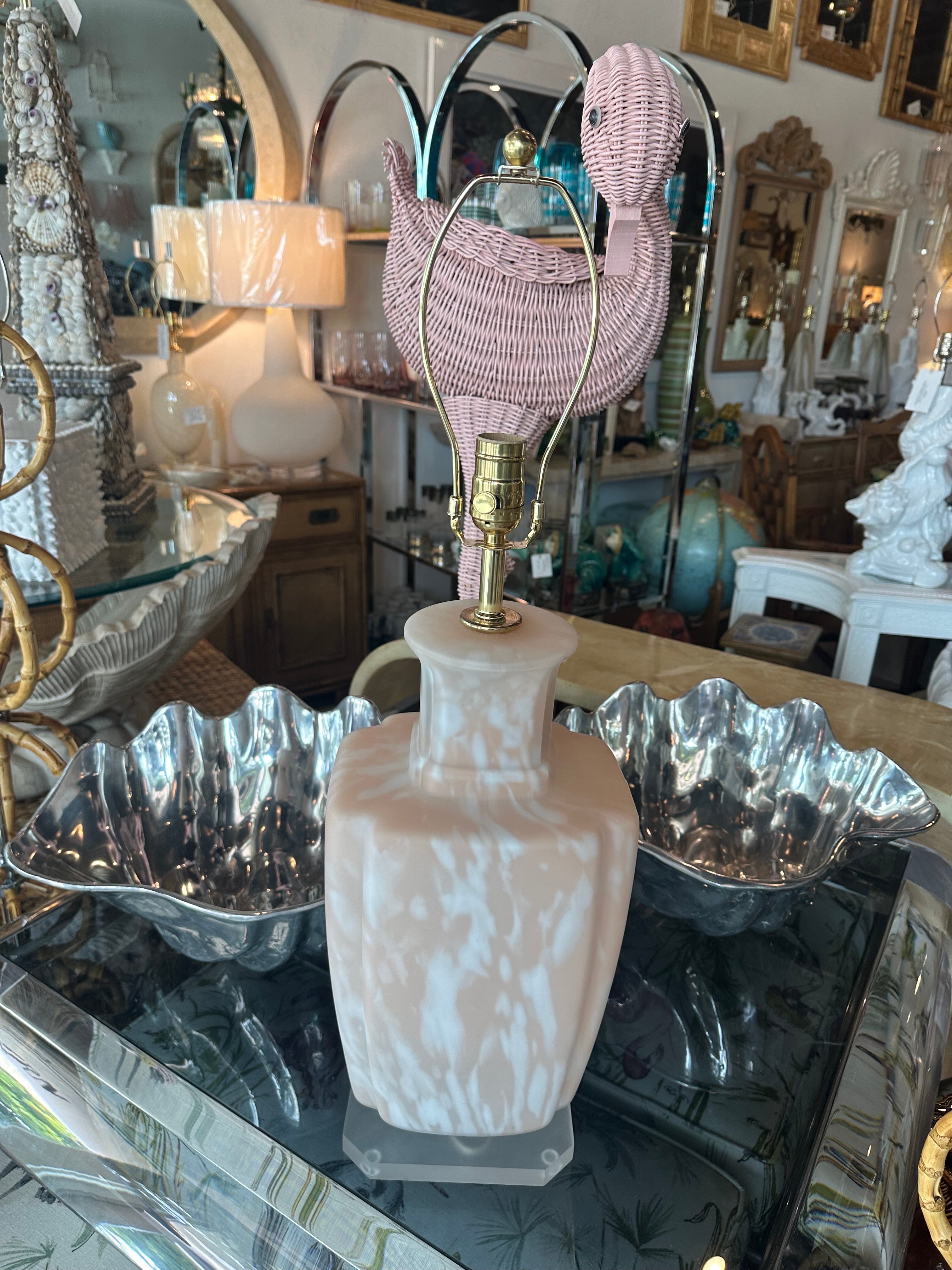 Vintage pink frosted glass table lamp with lucite base. Newly wired with 3 way sockets, all new brass hardware. Dimensions: 28 H to top of finial x 22 H to top of socket x 8.25 W x 7 D. No chips or breaks. 