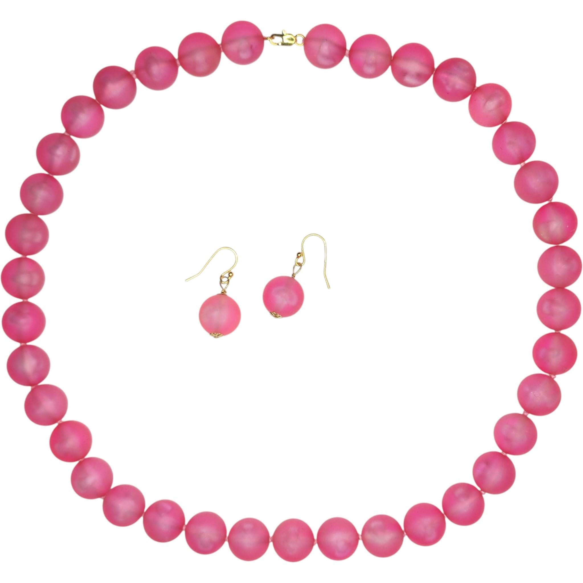 Vintage Pink Frosted Lucite Bead Necklace and Matching Drop Earrings Set, Mid-20 For Sale