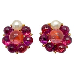 Retro Pink Glass Sphere & Pearl Earrings 1970s