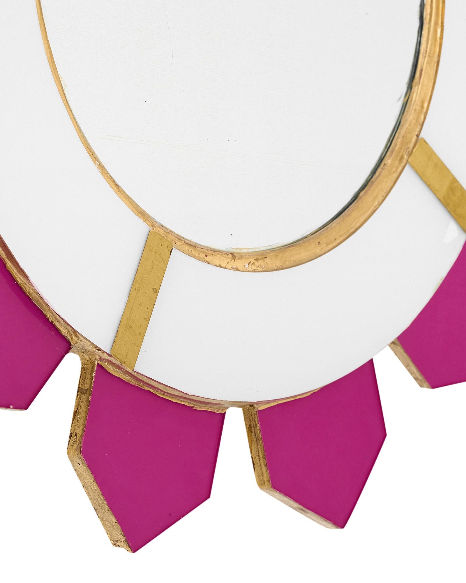 Mid-Century Modern Vintage Pink Glass Sunburst Mirror For Sale