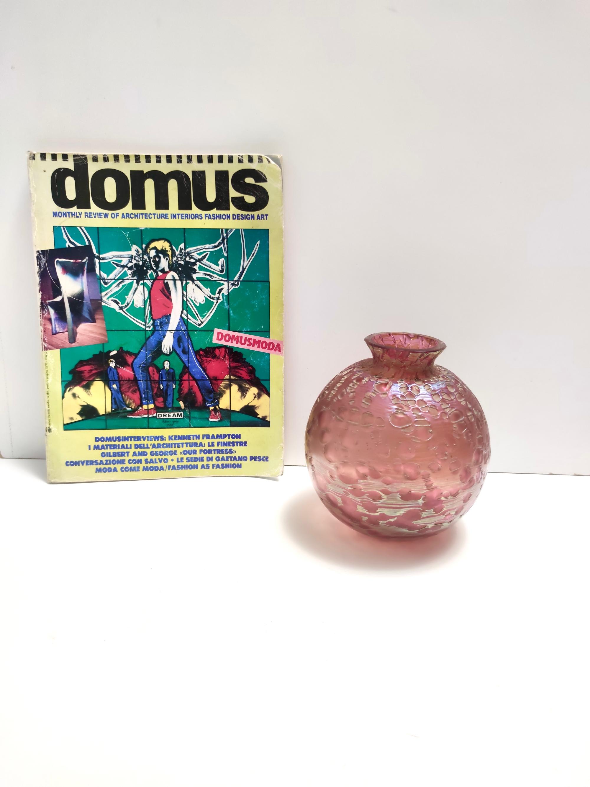 Art Deco Vintage Pink Iridescent Etched Blown Glass Vase 