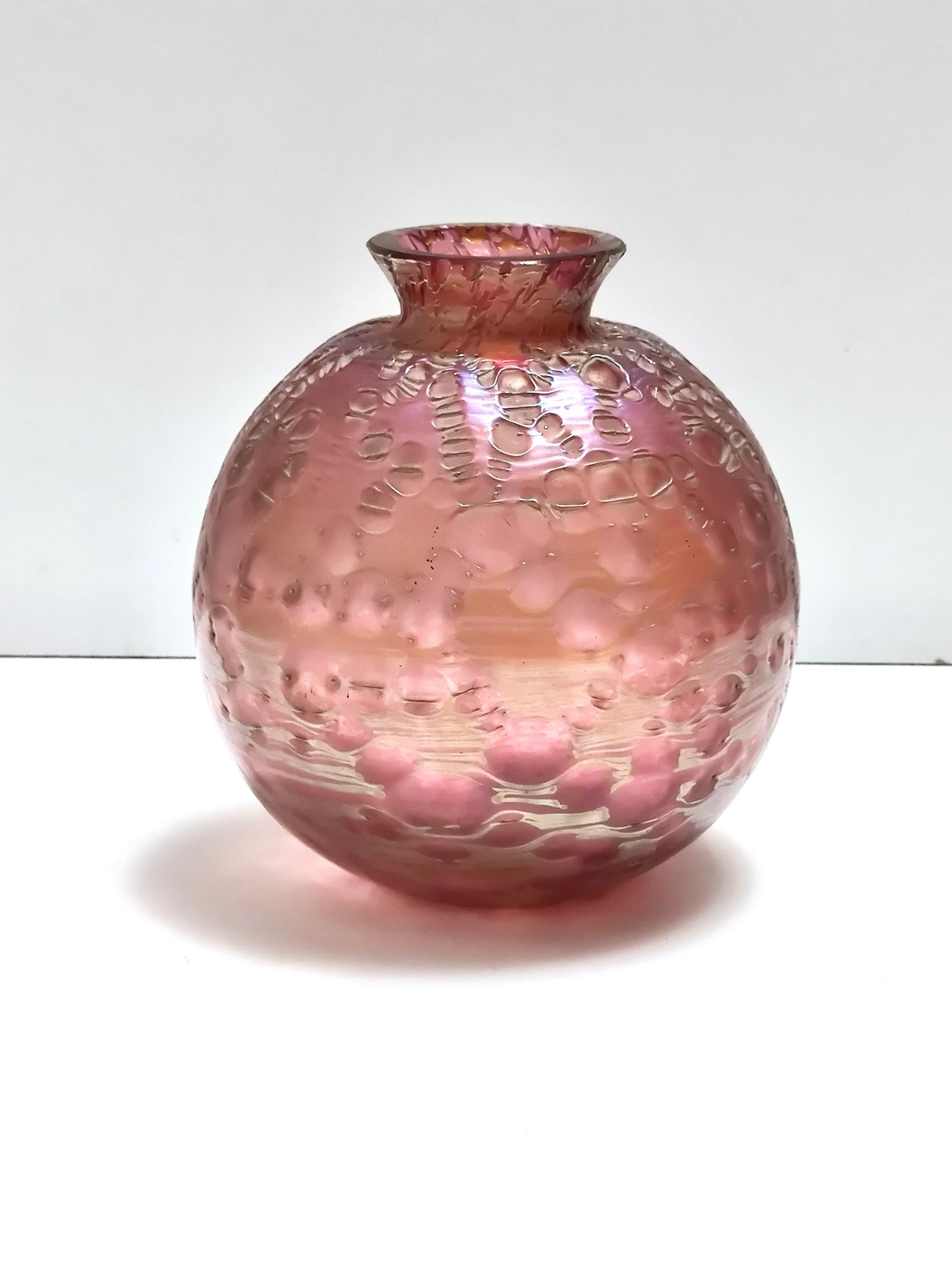 European Vintage Pink Iridescent Etched Blown Glass Vase 