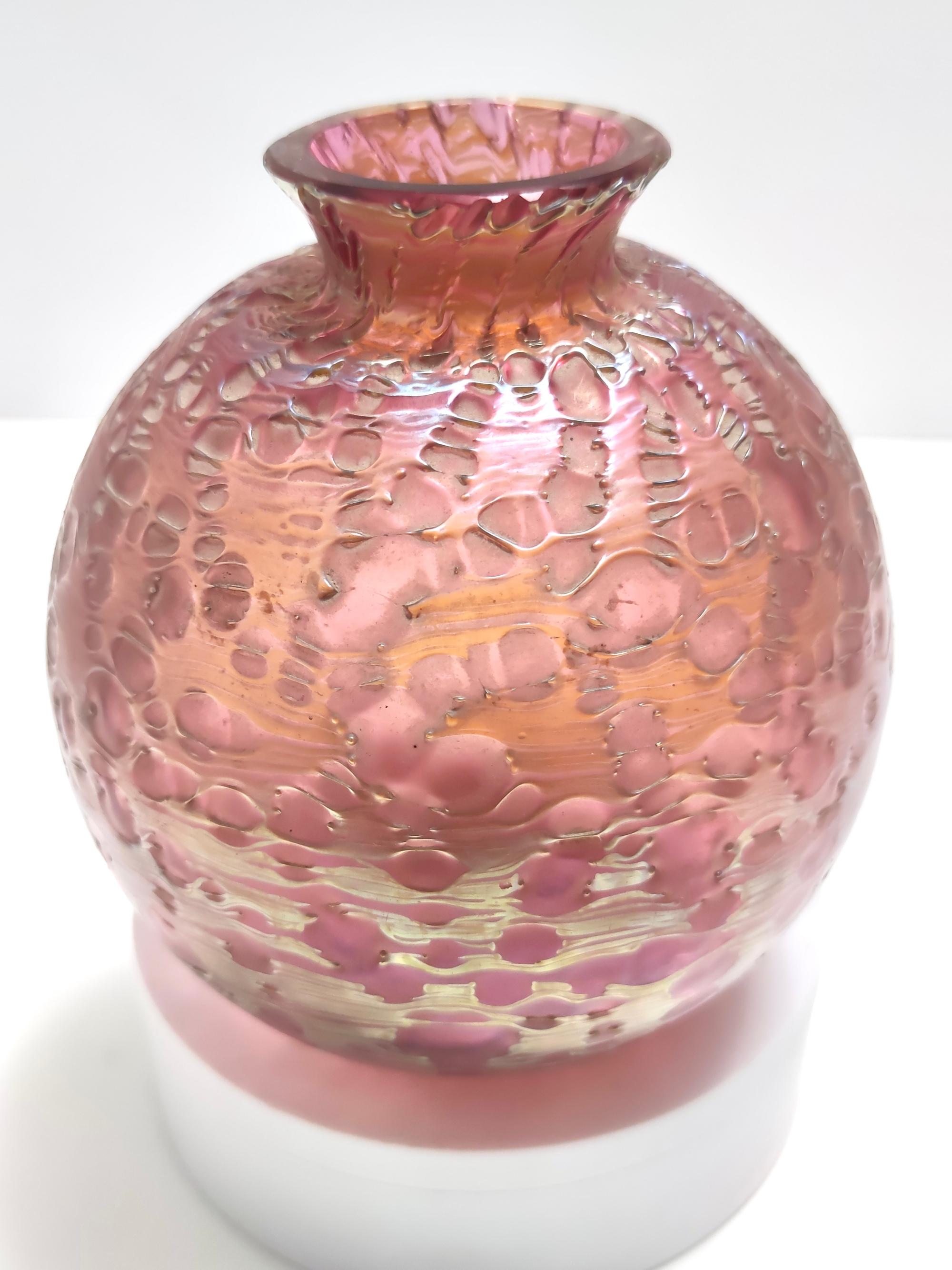 Vintage Pink Iridescent Etched Blown Glass Vase 