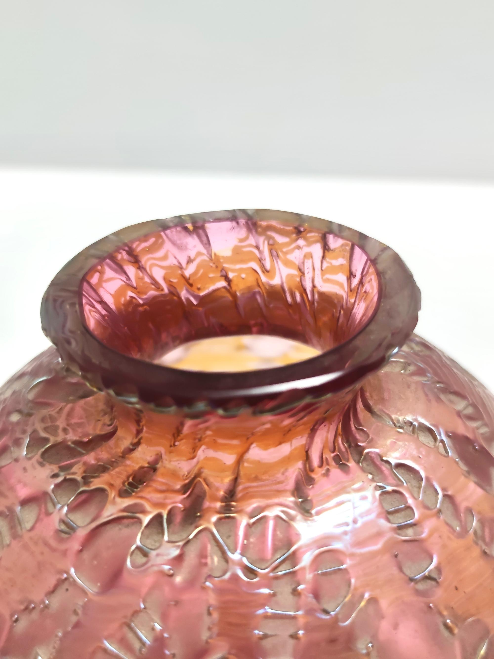 Vintage Pink Iridescent Etched Blown Glass Vase 