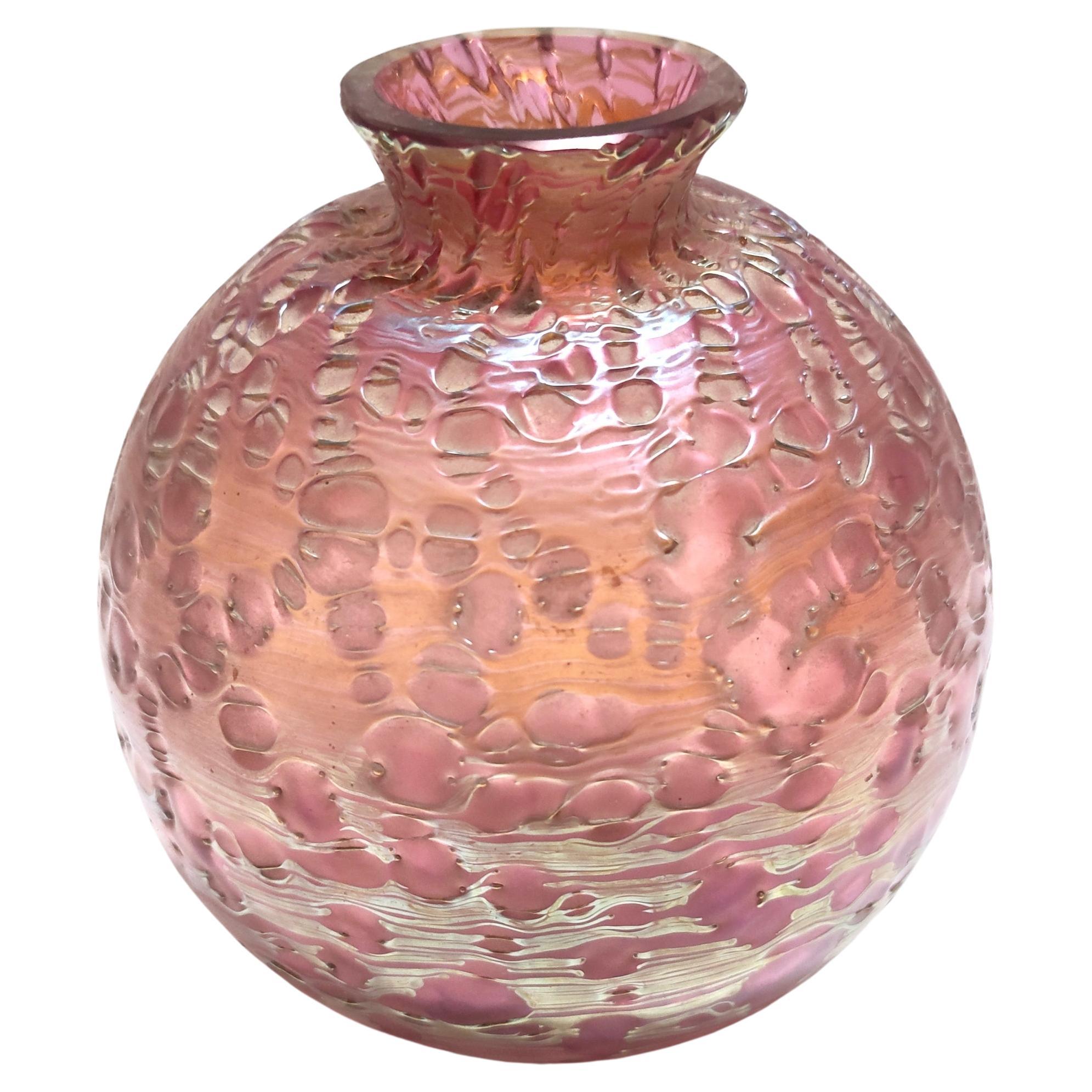 Vintage Pink Iridescent Etched Blown Glass Vase "Diaspora" by Loetz For Sale